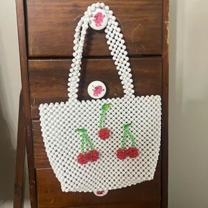 White Beaded Cherry Tote Bag